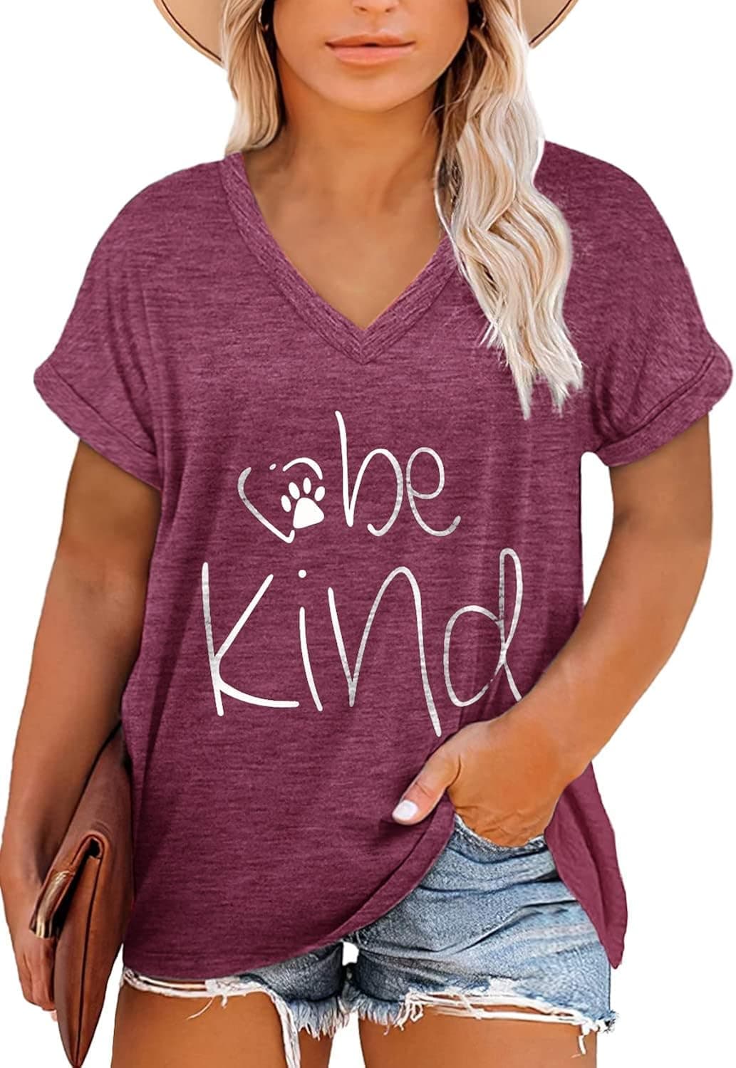 Women Plus Size Be Kind T Shirt Summer V Neck Cute Graphic Tees Funny Inspirational Teacher Tops