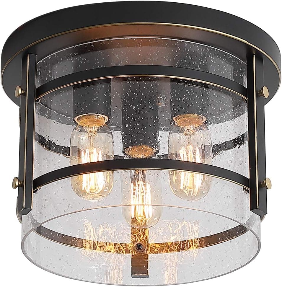 KDG 3-Light Flush Mount Ceiling Light Fixture,Adjustable,Clear Seeded Glass Shade,Black Farmhouse Ceiling Light for Kitchen Bedroom Living Room Hallway Dining Room Bathroom