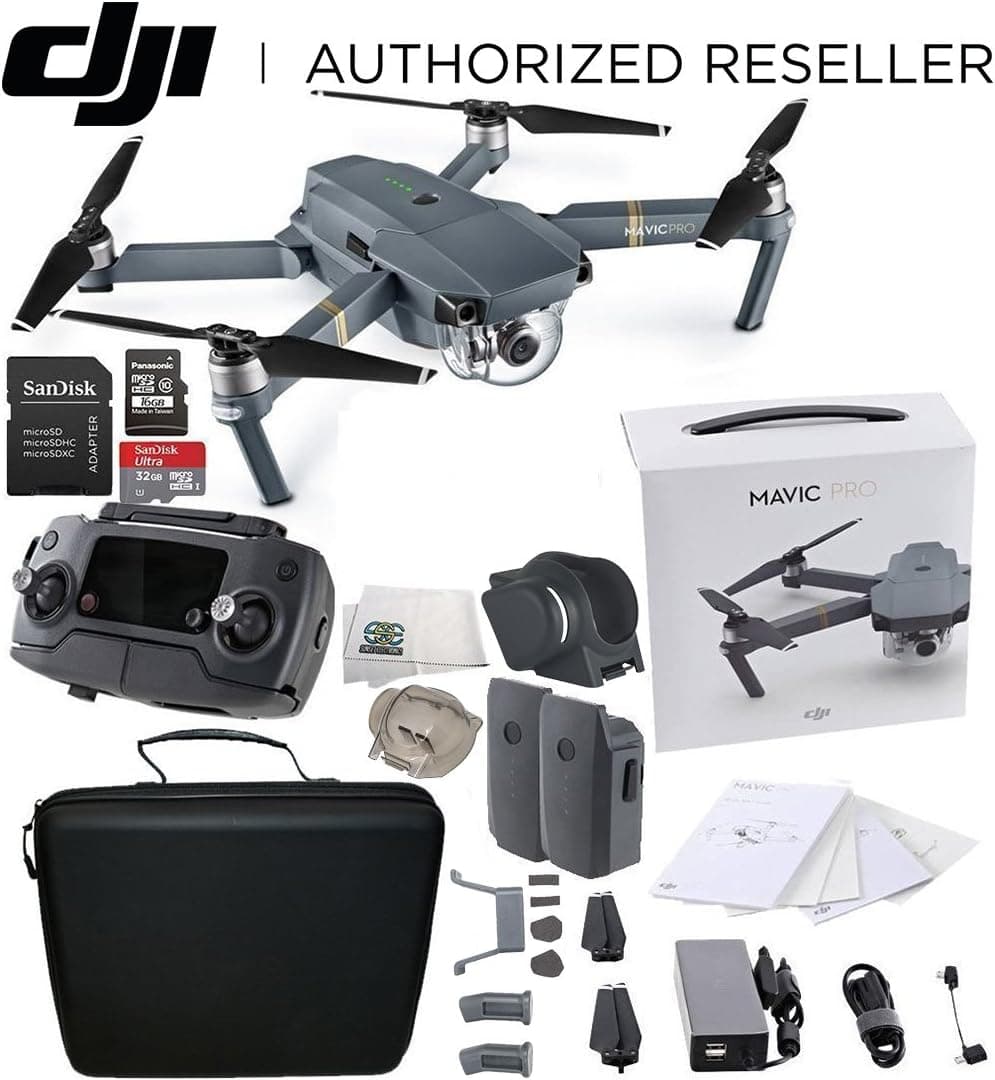 DJI Mavic Pro Collapsible Quadcopter Drone Essentials Travel Bundle w/ Manufacturer's Accessories + Intelligent Flight Battery, Carry Case, SanDisk 32 GB Card, USB-C Cable, Cleaning Cloth