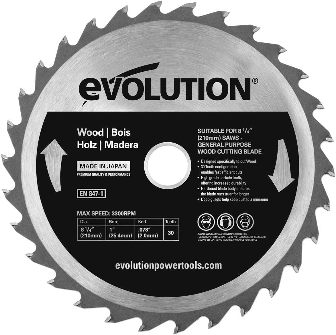 Evolution Power Tools 8-1/4BLADEWD 8-1/4-Inch Wood Cutting Blade with 1-Inch Arbor