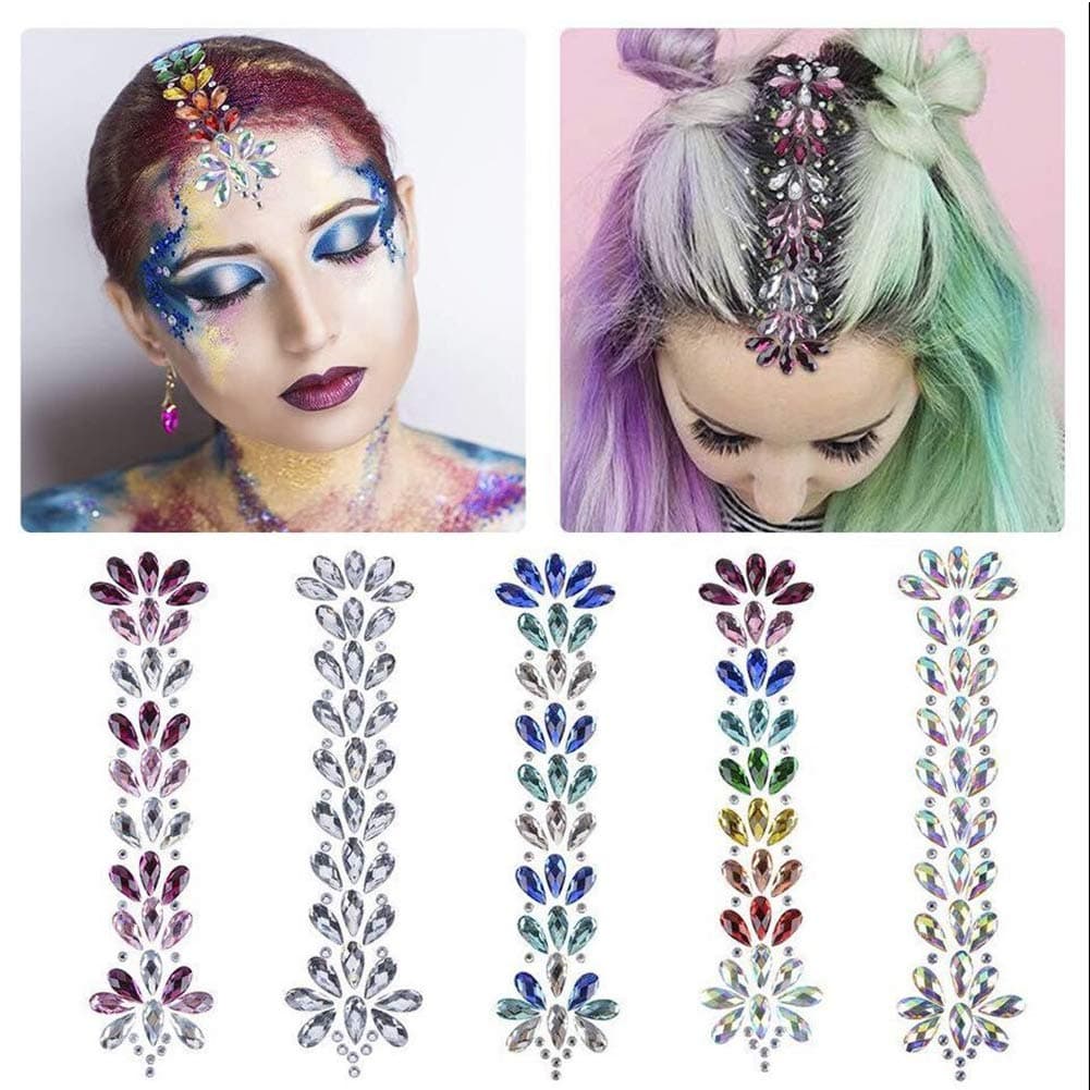 Hair Gems 6 Sets Rhinestones Face Jewels Festival Fashion Face Stickers, Hair Body Temporary Tattoos, Hair Stickers Gems Decorations Fit for Masquerade Festival Party Halloween