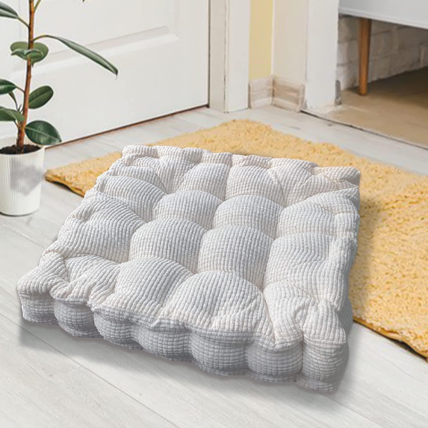 GEHIBAO Square Floor Seating Meditation Cushion for Adults, Floor Pillow Thick Tufted Pillows with Frilled Edge for Living Room Balcony Yoga Bedroom Sofa Outdoor,White 20"×20"