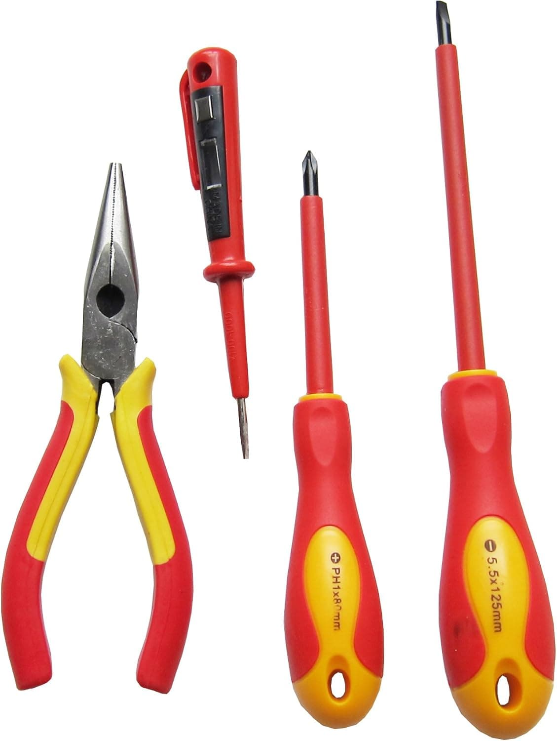 4Piece Insulation Screwdriver and Long Nose Plier Set, 1000V Slotted and Phillips Insulated Screwdriver, CRV Steel Blade with Magnetic Tip, Incl Voltage Tester(100V to 100V testing range)