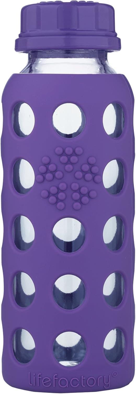 Lifefactory 9-Ounce BPA-Free Kids Glass Water Bottle with Flat Cap and Circle Patterned Silicone Sleeve, Royal Purple