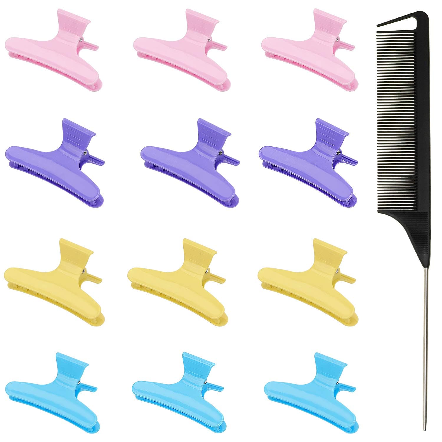 12 Pcs Butterfly Clamps+ 1Pcs Rat Tail Comb, Professional Styling Sectioning Hair Clips and Comb for Women and Girls Hairdressing Styling Salon Tool（Multicolor）