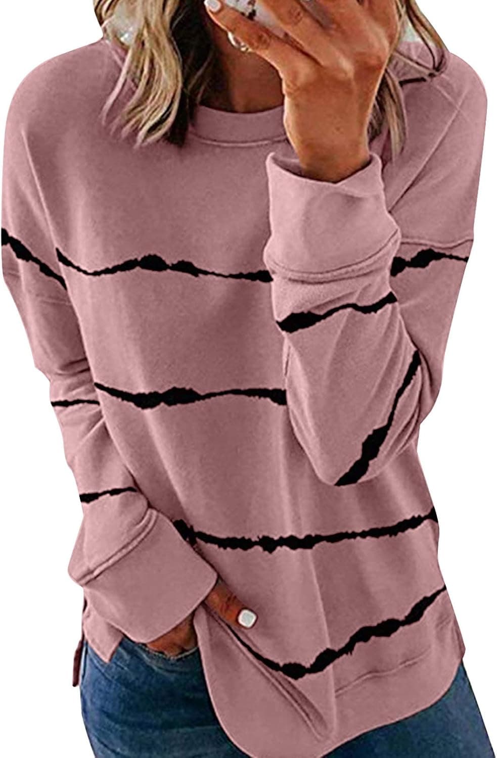 ZKESS Womens Casual Loose Crewneck Long Sleeve Sweatshirts Tie Dye Soft Thin Pullover Blouses Shirt Tops Pink L 12 14