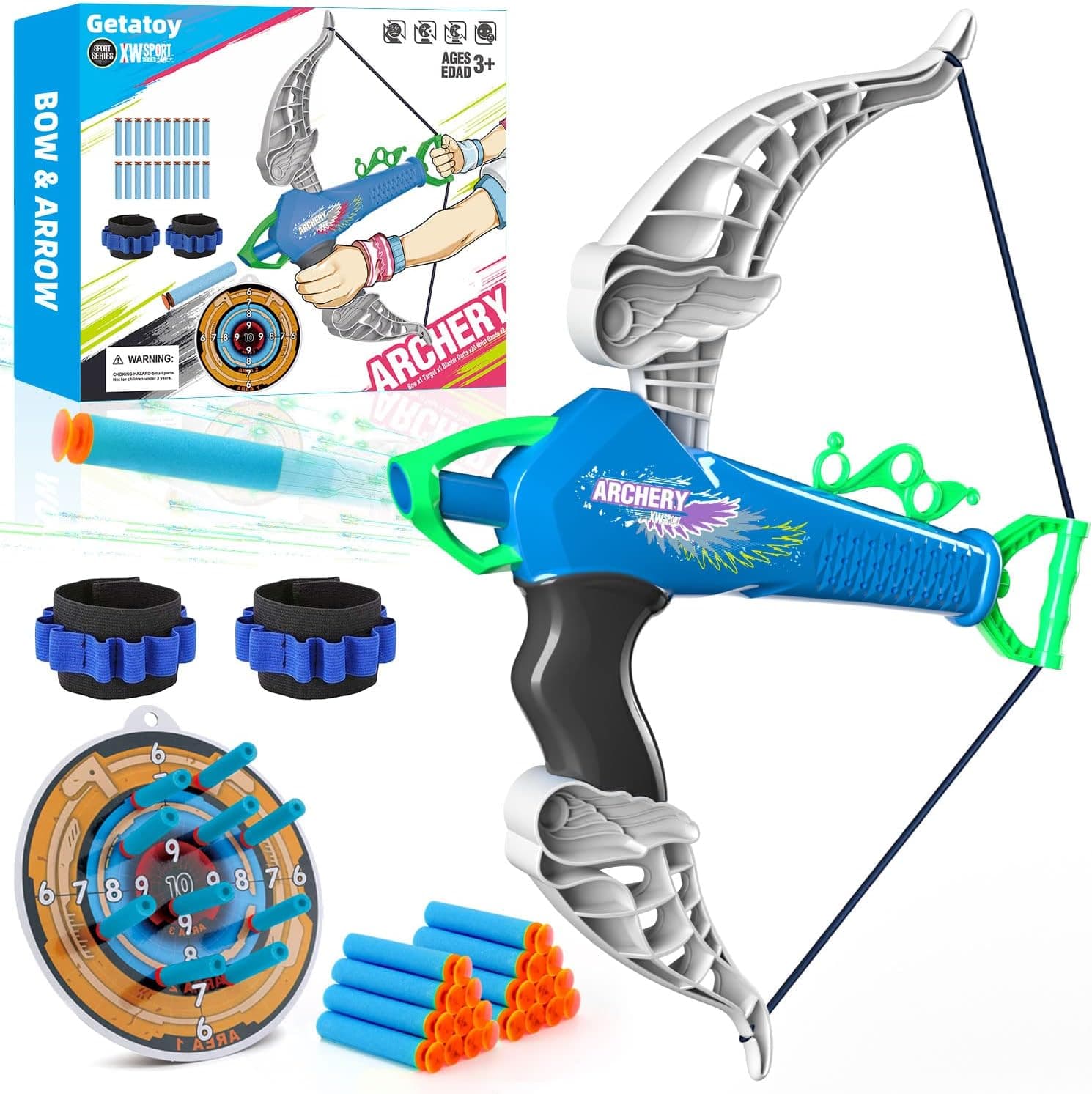 Getatoy Bow and Arrow for Kids Toys - Archery Toy Set with 20 Suction Cup Arrows, Gift for Boys & Girls Age 4 5 6 7 8 Years Old, Blue