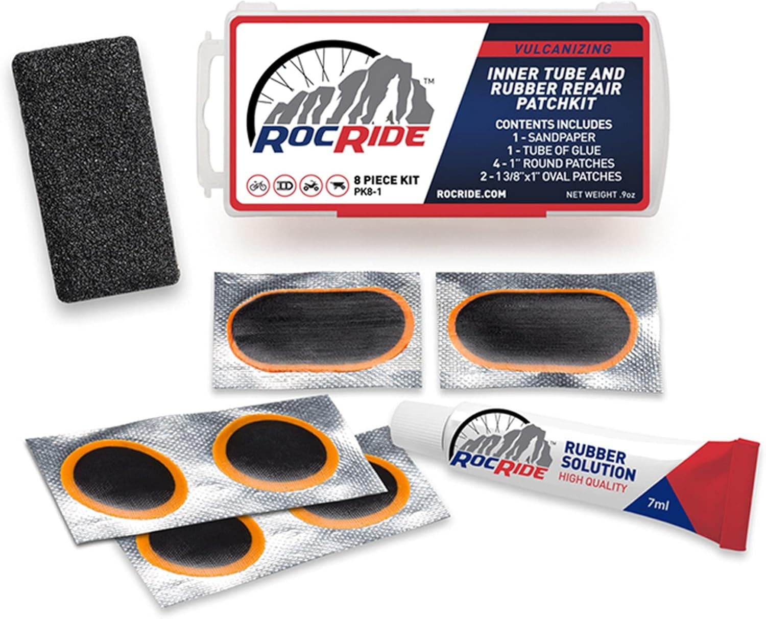 RocRide 8 PC Bike Inner Tube Patch Kit. Bicycle Tire Repair Kit.