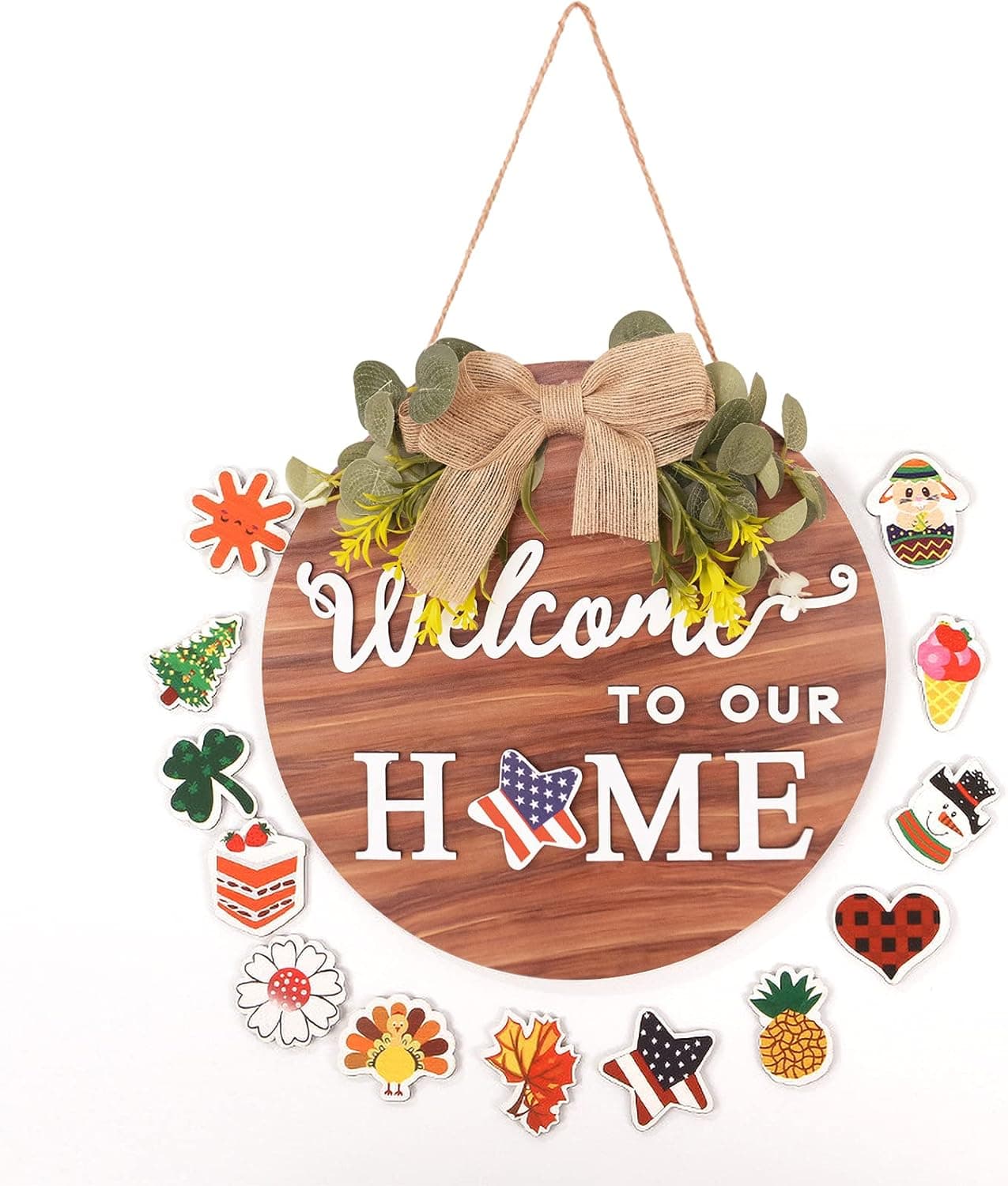 Interchangeable Seasonal Welcome Sign for Front Door Decor,Wooden Sign Rustic Home Round Sign for Housewarming Gifts,Fall, Halloween, Christmas Front Door Decor,15 Icons (Green)