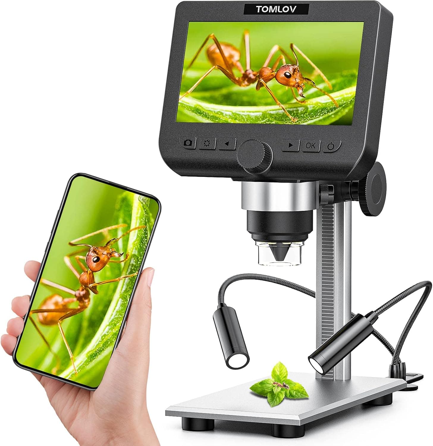TOMLOV DM4 Pro Wireless Digital Microscope | 4.3" LCD Digital Microscope 1000x, IPS Screen, 2 Gooseneck Lights, PC View, Windows Compatible(Work with iPhones)