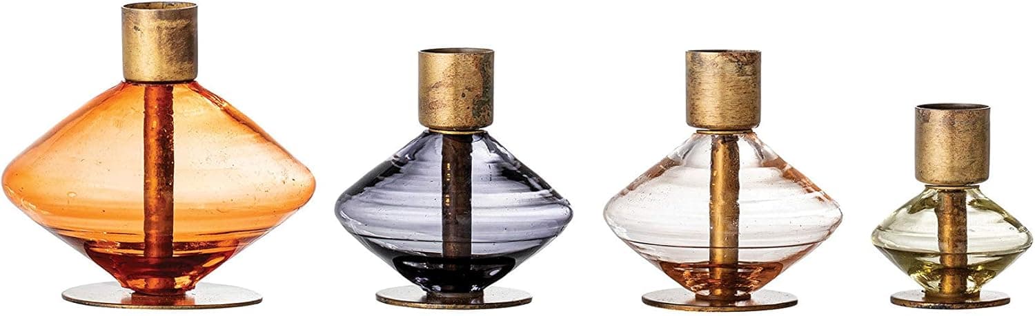 Bloomingville Multi-Color Glass & Metal, Set of 4 Taper Holder, Brass