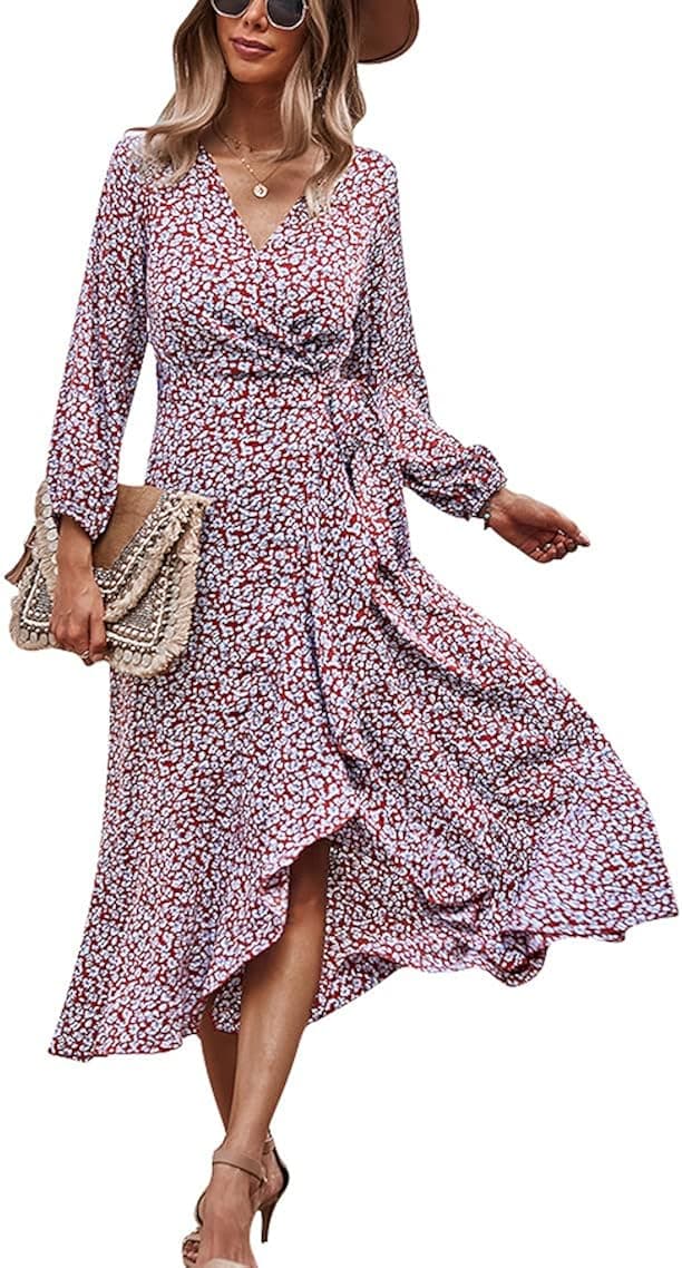 Women's Floral Boho Wrap Maxi Dress Long Sleeve V Neck Chiffon Bohemian Fall Midi Dresses Tie Belt Oversized Casual
