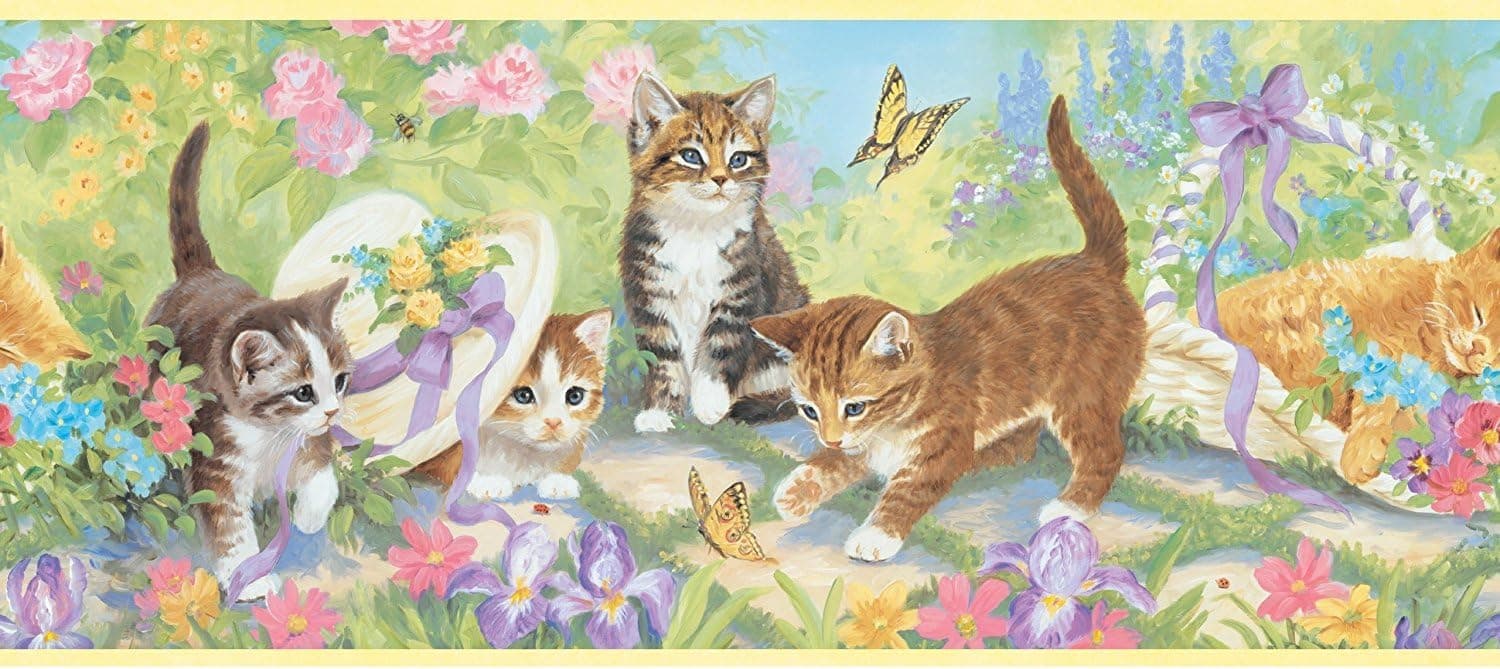 Chesapeake GIR94211B Fleecey Garden Kitten Portrait Wallpaper Border, Yellow