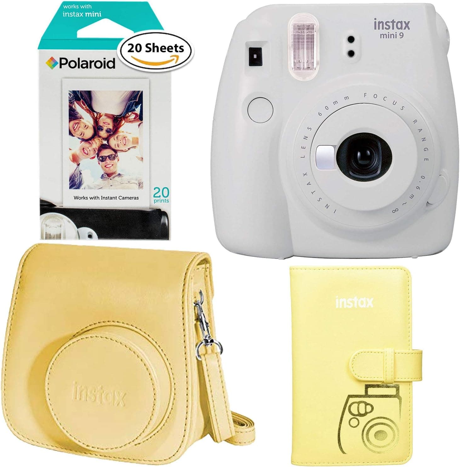 Fujifilm Instax Mini 9 Instant Camera - Smokey White, Polaroid Instant Film Twin Pack - (20 Sheets), Fujifilm Instax Groovy Camera Case - White and Fujifilm INSTAX WALLET ALBUM Yellow
