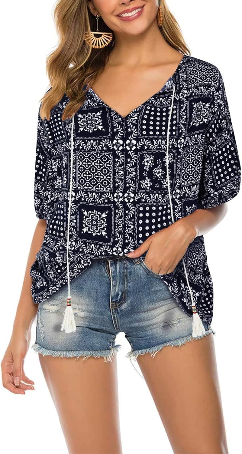 KILIG Women's Summer Boho V-Neck Short Sleeve Ethnic Style Print floral Tunic Shirt Casual Loose Blouses