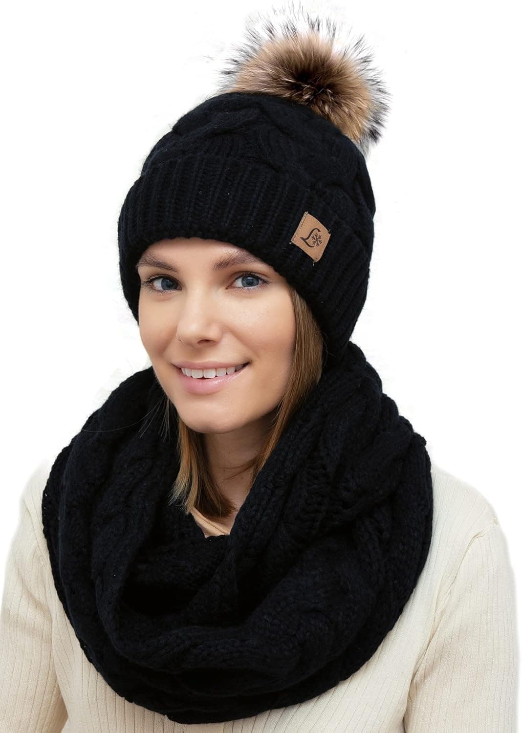 Winter Knit Pom Beanie Hat Scarf Set Women Cute Soft Warm Infinity Scarves