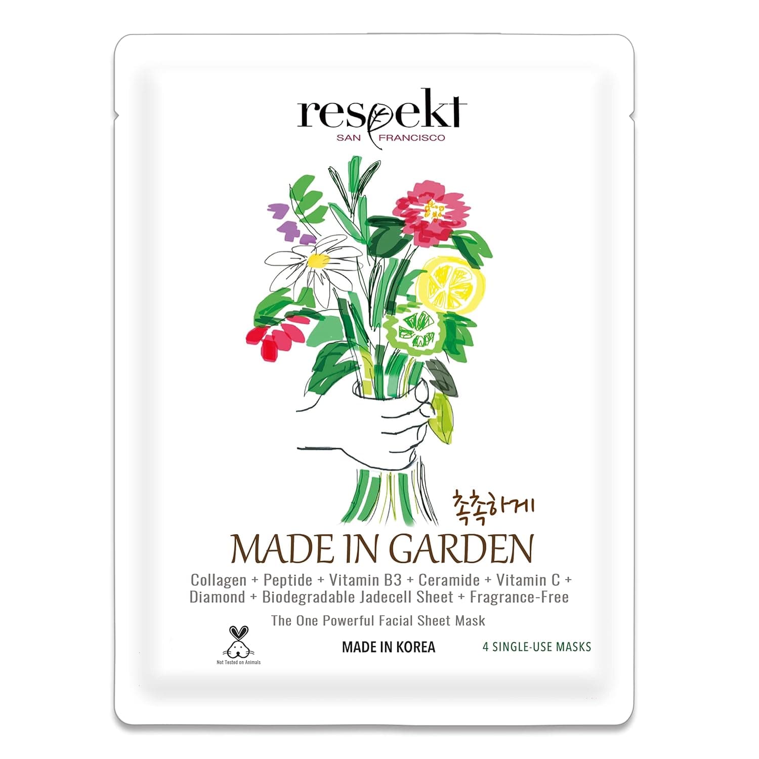 RESPEKT Facial Sheet Masks for Pore Tightening, Collagen Boost, Dark Spots, Intensive Moisturizing, Less Visible Fine Lines & Wrinkles - Collagen, Peptide, Hyaluronic Acid, Diamond Powder, Vitamin C, Niacinamide, Ceramide, Adenosine, Bio-degradable Sheet (1 Sheet)
