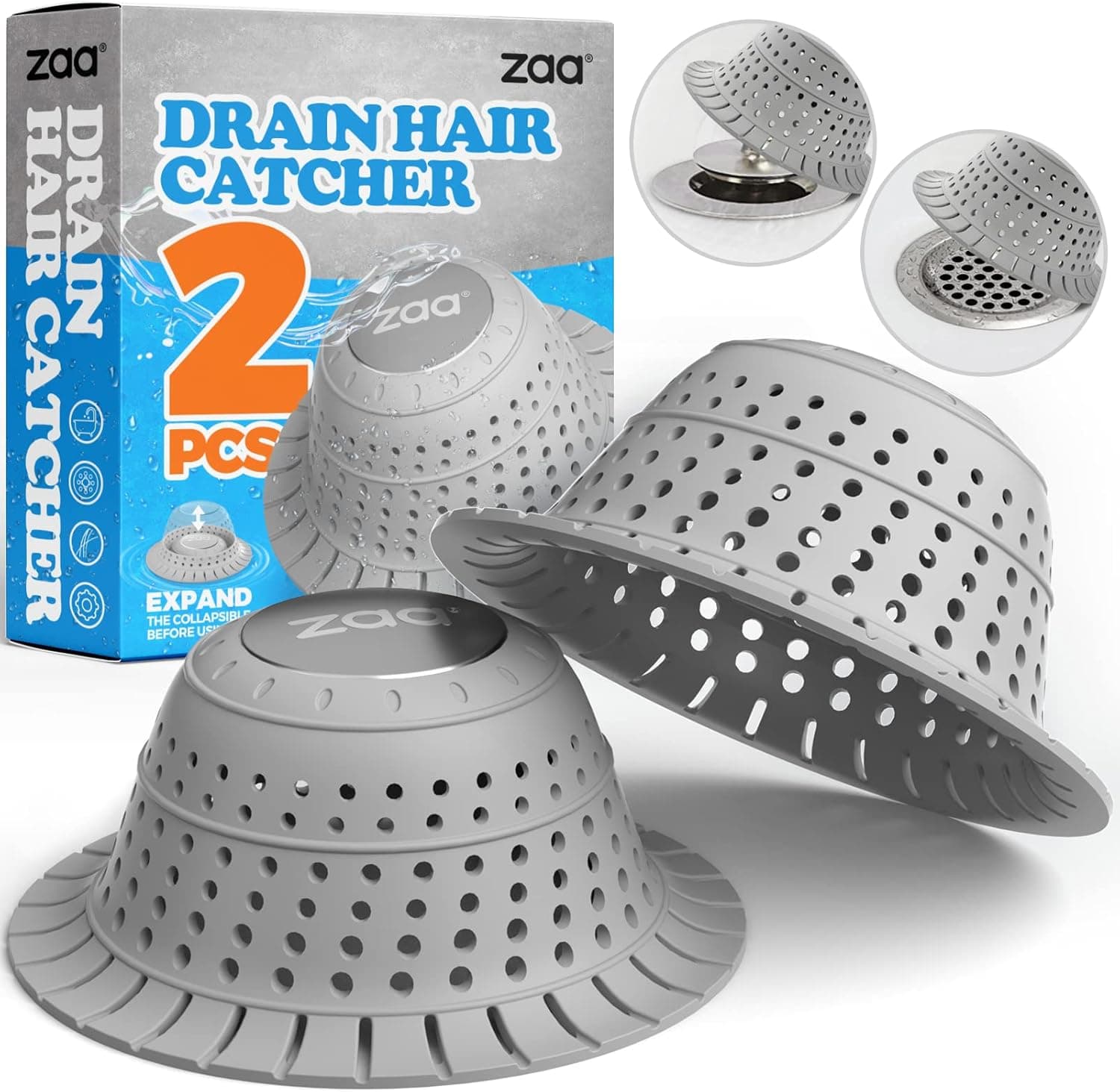 zaa Bathtub Drain Hair Catcher, 2 Pack Silicone Collapsible Drain Protector for Pop-Up and Regular Drains of Bathtub, Tub, Shower, Bathroom