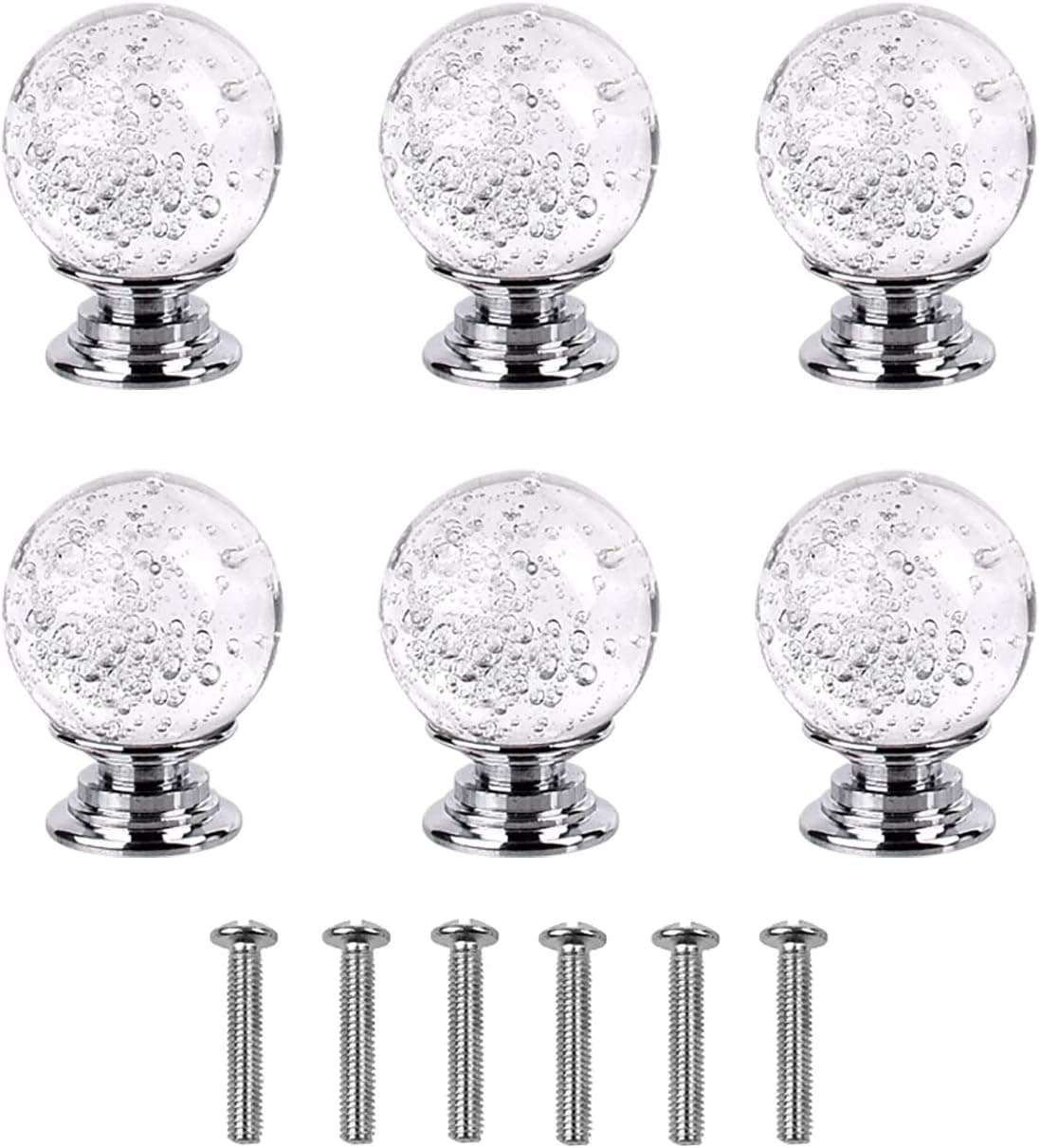 Eyourlife 6pcs 1.18 Inch Clear Bubble Cabinet Knob Pull Handle, Crystal Glass Round Dresser Cabinet Drawer Pull Cupboard Knob with Screws, Crystal Drawer Knobs for Home Office Cabinet Cupboard