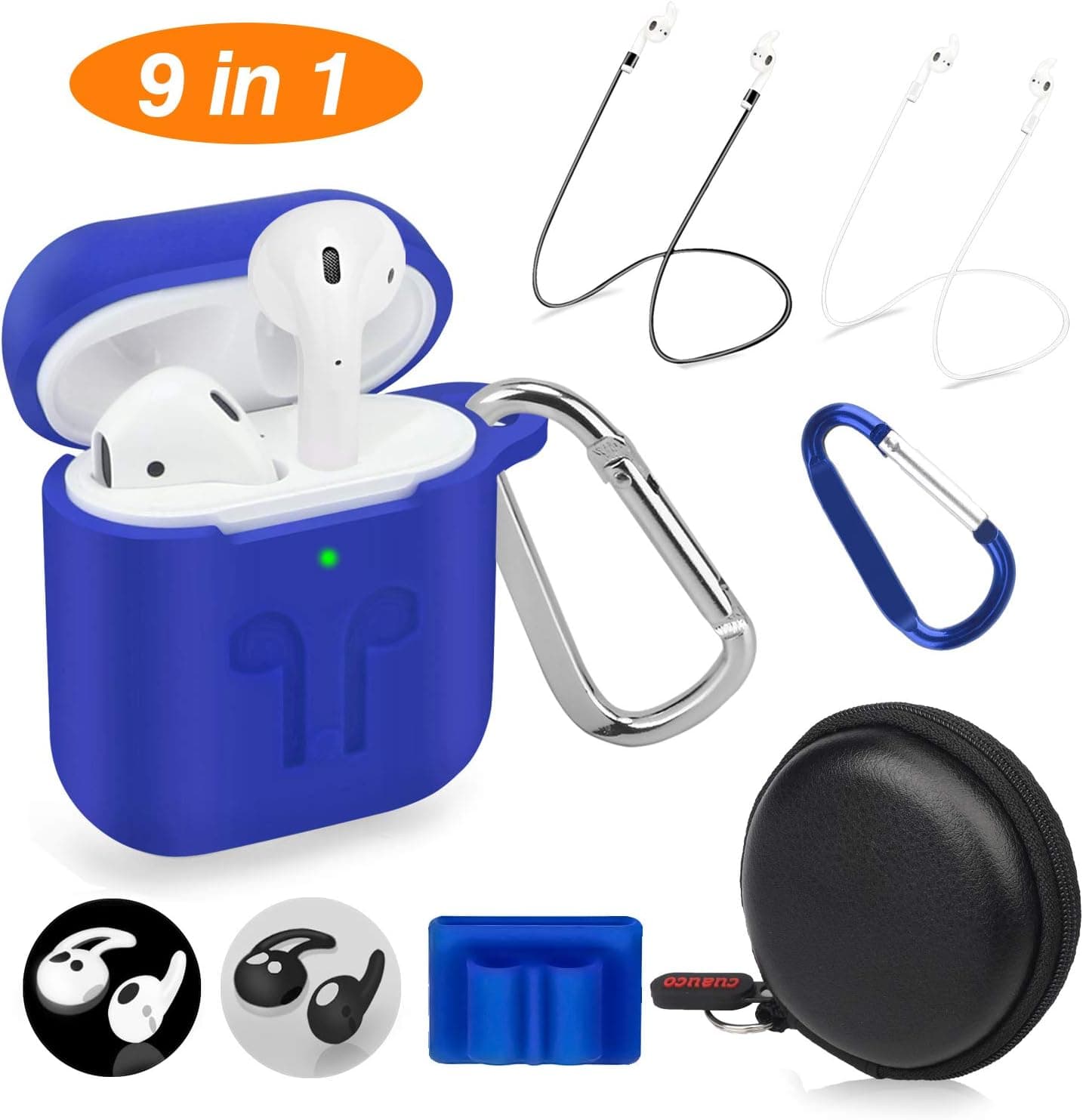 Cuauco 2020 Newest Airpods Case for Airpods 2 &1 (Front LED Visible) with 2 Anti-Lost Strap/2 Pairs of Ear Hooks/2 Carabiner/1 Watch Band Holder/1 Headphone Case for Apple Airpods 2 &1(9 Pack)(Blue)