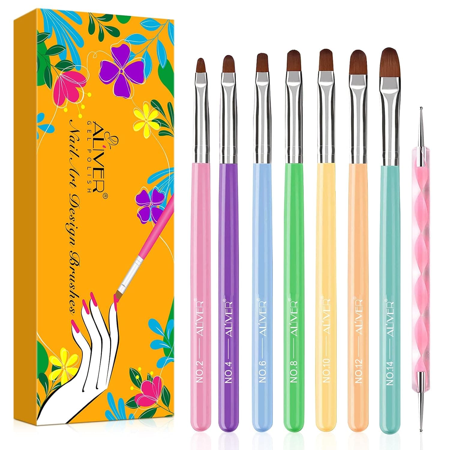 8Pcs Gel Nail Art Brush Set, 7Pcs Poly Extension Gel Nail Brushes with 1Pcs Nail Dotting Pen, Rainbow Nail Art Tips Builder Gel Brush, Nail Painting Brush Set for Home and Salon Use