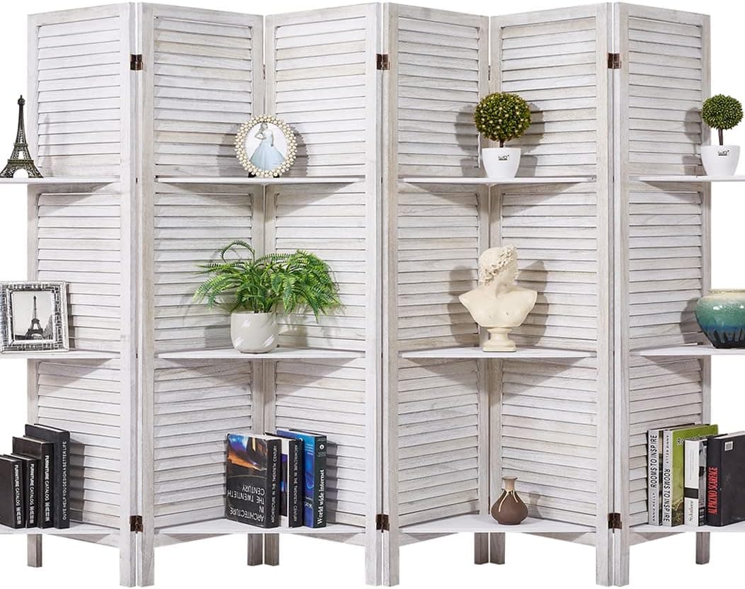 RHF Panel 5.6 Ft Tall Partition Wood Room Divider, Wood Folding Room Divider Screens, Panel Divider&Room Dividers, Room Dividers and Folding Privacy Screens with Shelves (Coconut, 6 Panel)