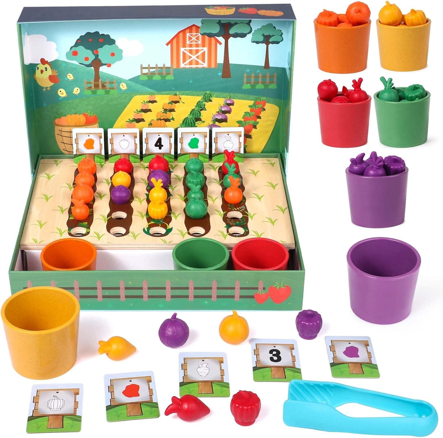 Tacobear Farm Counting Fruits Vegetables Matching Sorting Cups Toddlers Learning Color Sorting Educational Toys Pretend Play Food Wooden Montessori Toys for Kids Gift