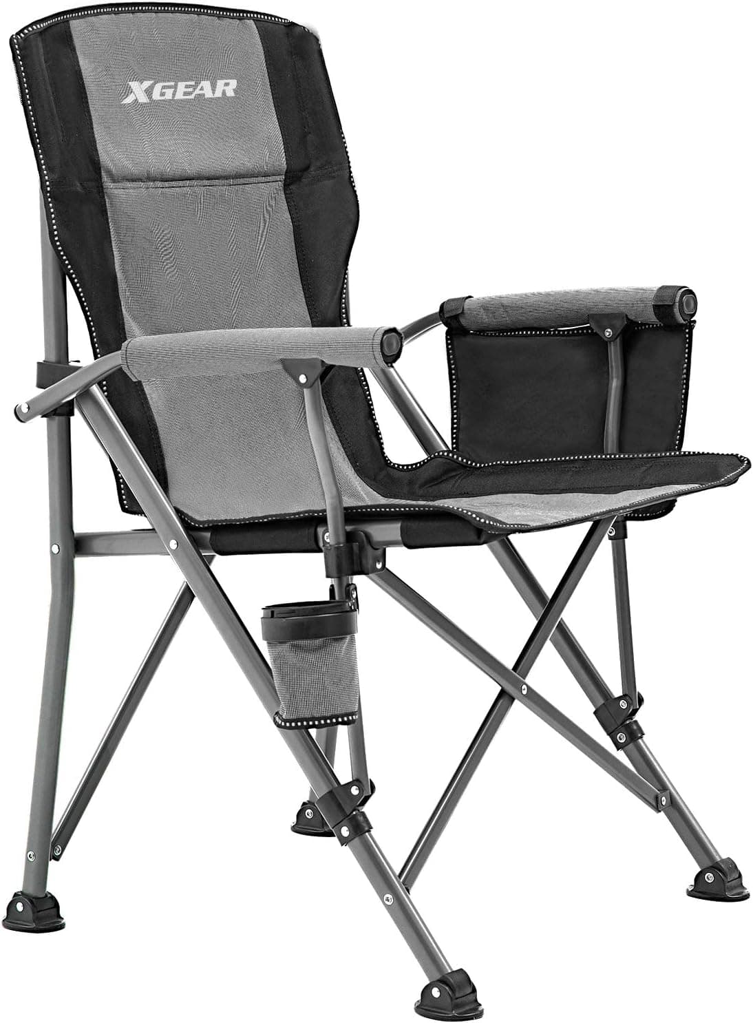 XGEAR Camping Chair with Padded Hard Armrest, Sturdy Folding Camp Chair with Cup Holder, Storage Pockets Carry Bag Included, Support to 400 lbs(Grey)