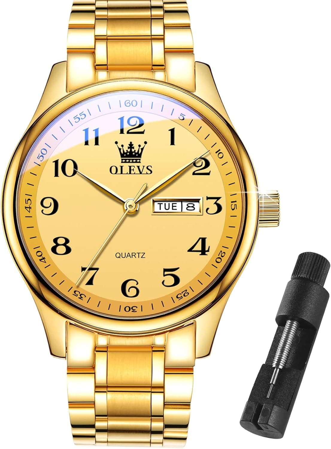 OLEVS Men's Luxury Stainless Steel Watches, Big Face Gold Men Quartz Analog Watches Fashion 30M Waterproof Casual Wrist Watch with Day Date Diamond Male Dress Watches Easy Reader,Father's Day Gifts