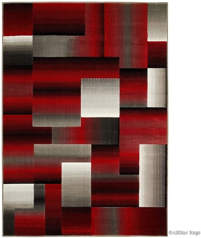Allstar 8x10 Red and Burgundy Modern and Contemporary Rectangular Accent Rug with Grey and Charcoal Grey Geometric Design (7' 9" x 9' 8")
