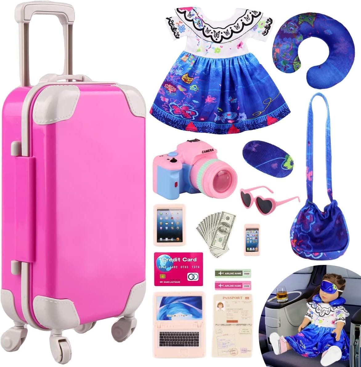 WILDPARTY 18 Inch Doll Clothes and Accessories 24Pcs - Magical House Themed Doll Dress, Travel Pillow, Sunglasses, Suitcase, Eye Patch, Shoulder Bag etc, Travel Gear Playset for 18 Inch Girl
