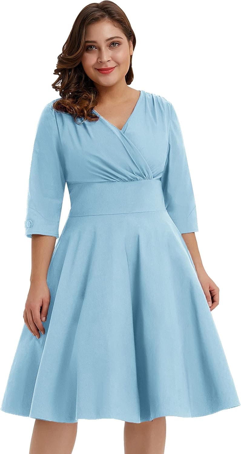 Hanna Nikole Women's Vintage 1950s Style Sleeved Plus Size Swing Dress
