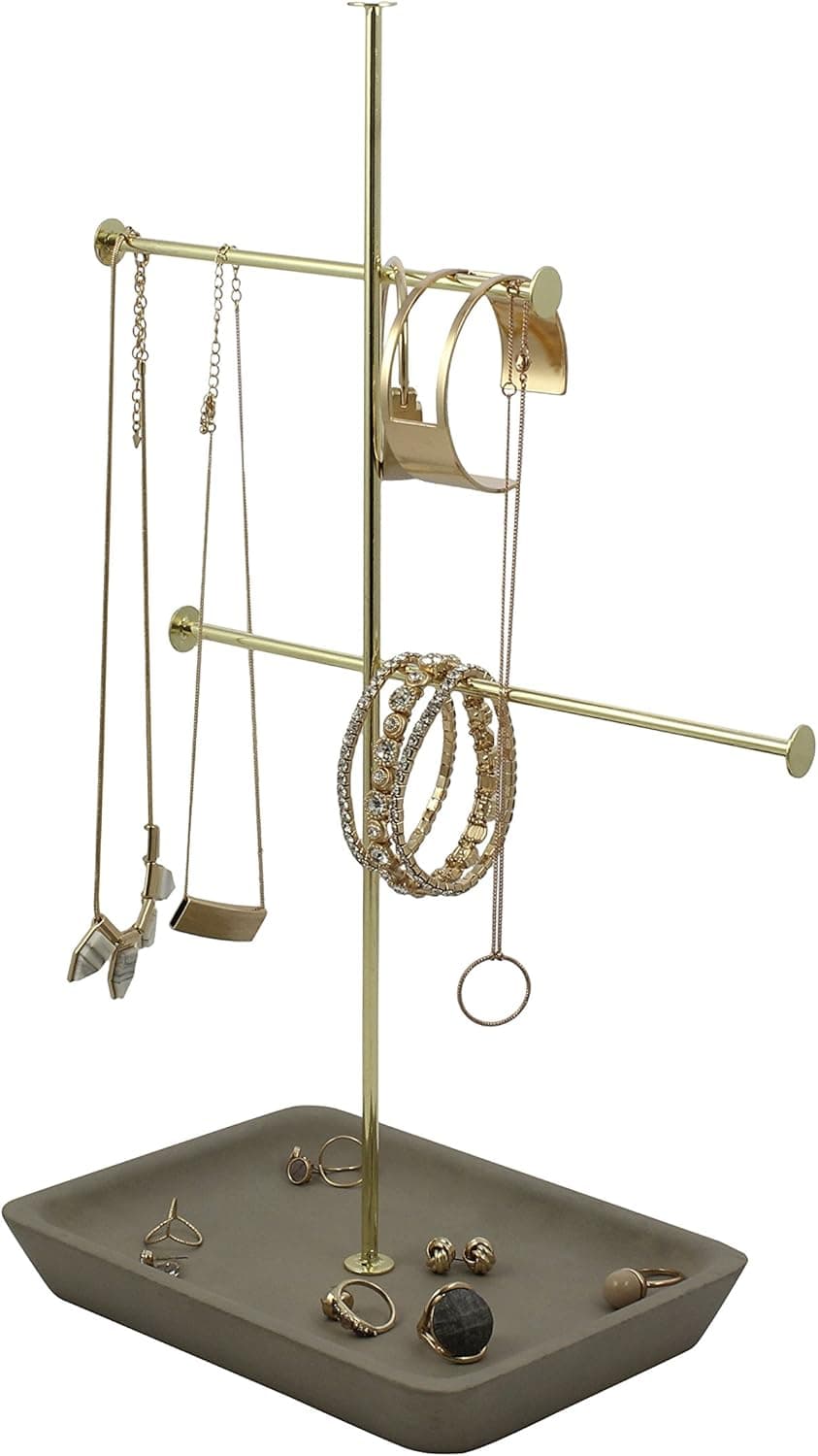 Kenton Grey Concreate Base Jewelry Organizer – 2 Tier Tall Tabletop Necklace Holder & Jewelry Display Tree with Extra Wide Ring Tray to Organize Necklaces, Bracelets, Earrings, Rings & Watches, Gold