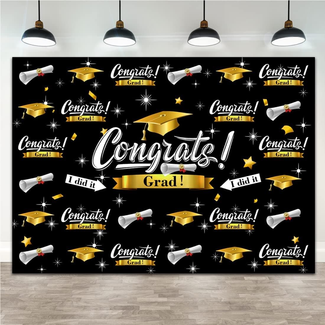 Lofaris Graduation Backdrop Class of 2023 Black Shinning Star Congradulation Photography Backdrop Bachelor Cap Congrats Grad Celebration Party Background Photo Booth Studio Props Banner 7x5ft