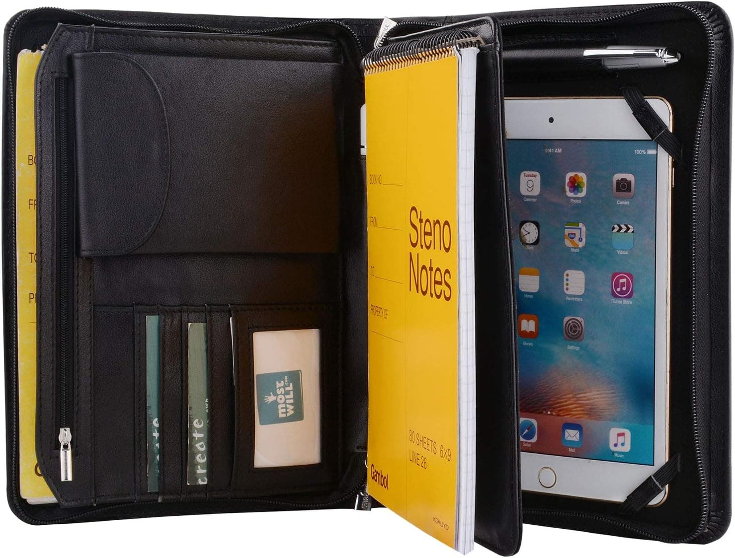 XIAOZHI Deluxe Leather Padfolio Case, Zipper Portfolio Organizer Folio Folder, Fits iPad Mini 4 and Junior Legal A5 Size Papers Black, XZ-712-iPad-Mini-4-Black