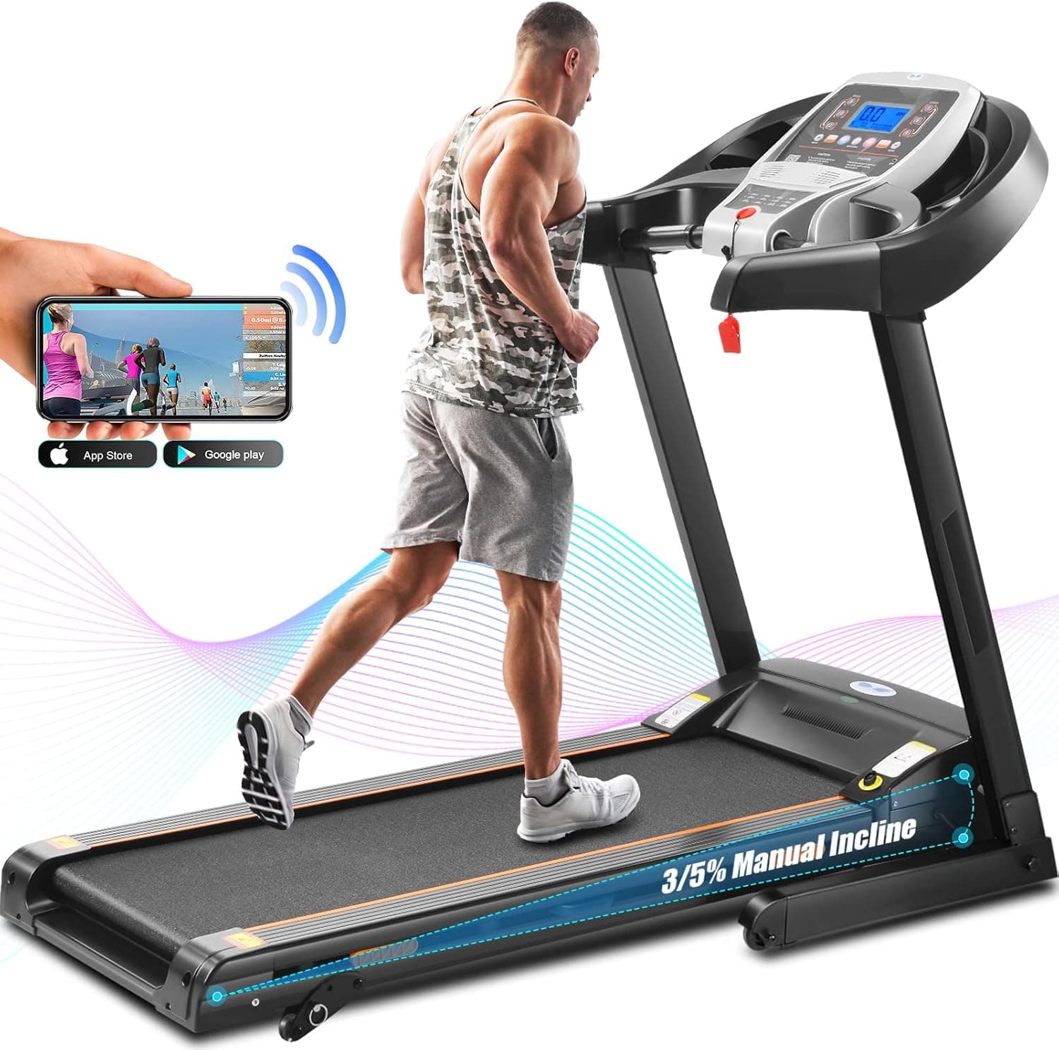 Treadmill, 3.25HP Folding Treadmills with Incline,Fitness APP, Bluetooth Speaker and LCD Display, 300 LBS Capacity Electric Portable Running Walking Jogging Machine for Home Gym Office Use TR71