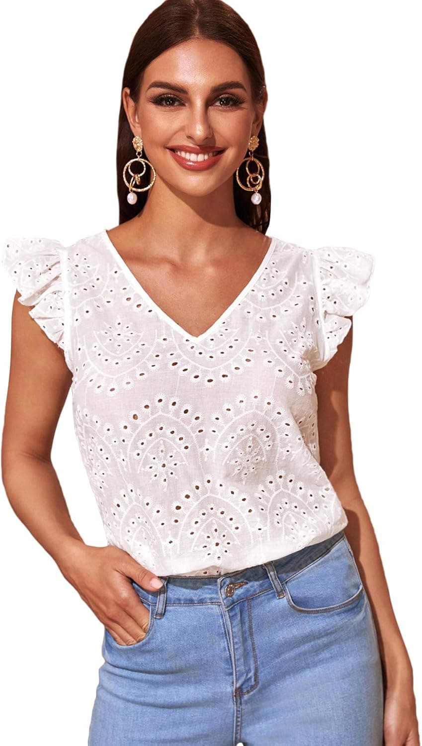 Floerns Women's V Neck Ruffle Cap Sleeve Eyelet Embroidery Blouse Tops White XL