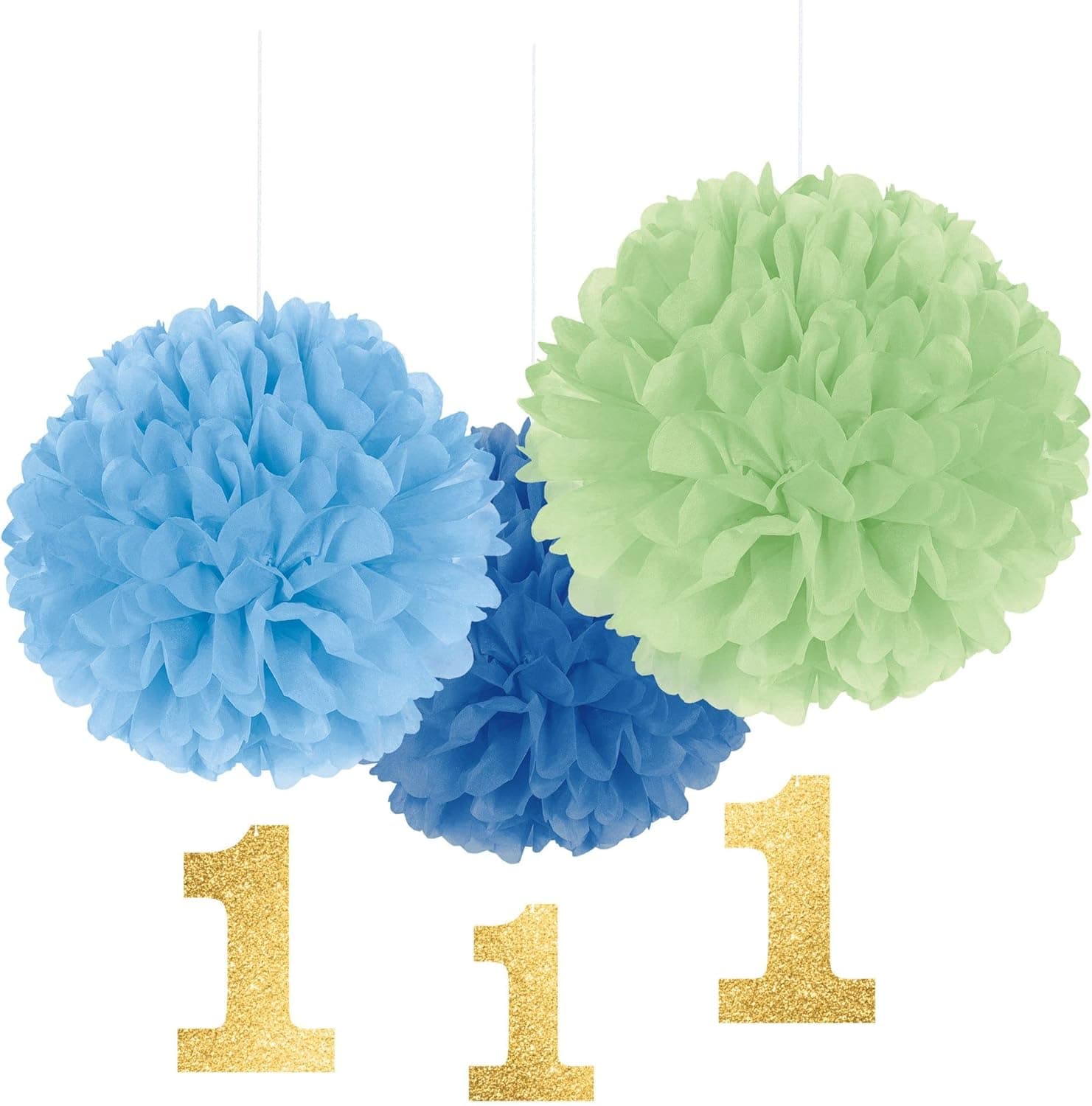 1st Birthday Boy Fluffy Decoration With Dangler - 16", 3 Pcs