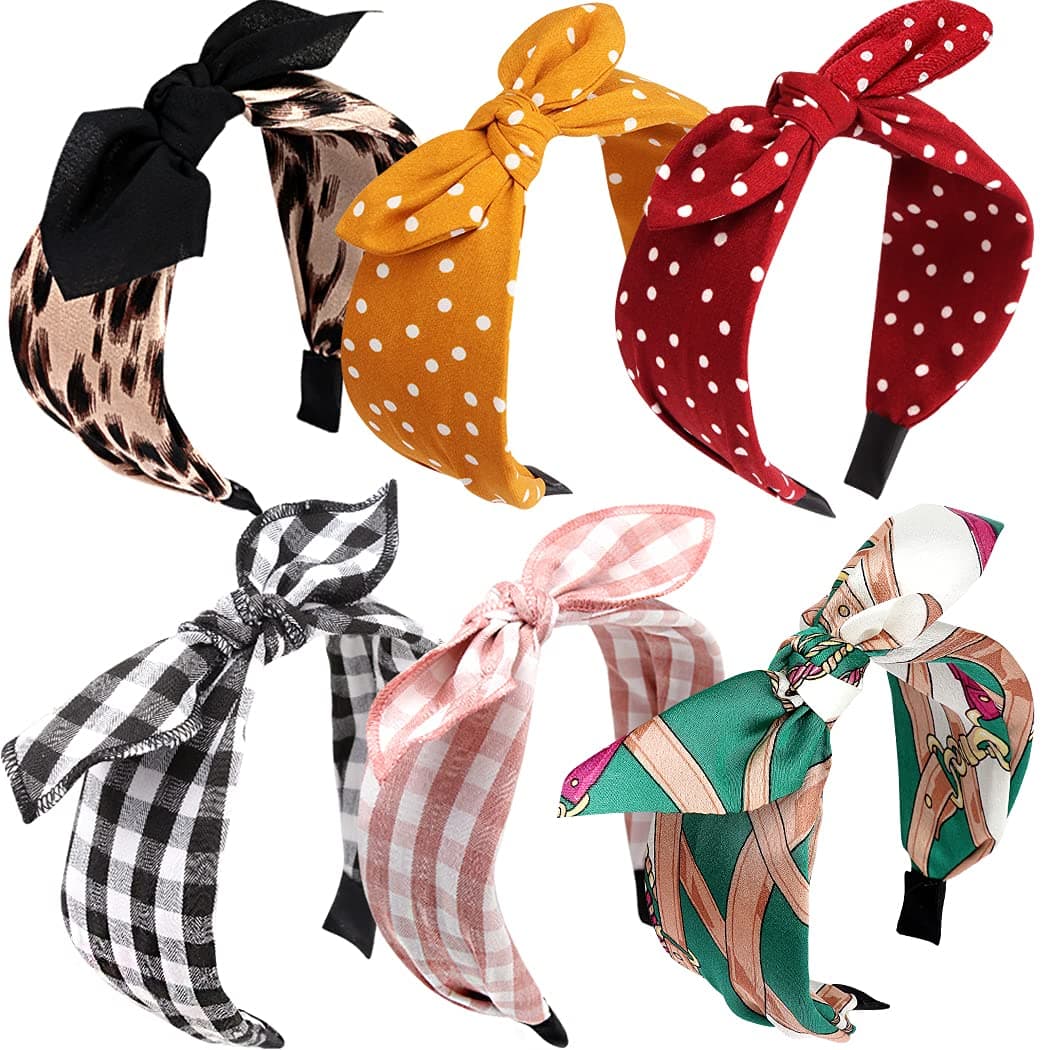 Bow Headbands for Women, Fashion Polka Dot Headbands with Rabbit Ears, Vintage Wide Bunny Headbands with Bow for Hair, Knotted HeadbandsTurban Headbands for Women Plaid Leopard Headbands (6 Pcs)