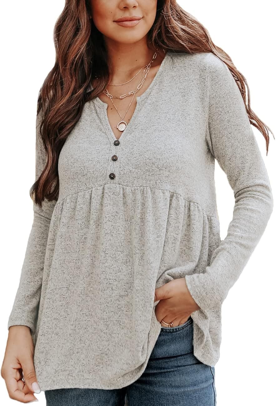 Vemvan Womens Casual Long Sleeve Shirts Button Down Ruffle Tunics V Neck Flowy Tops
