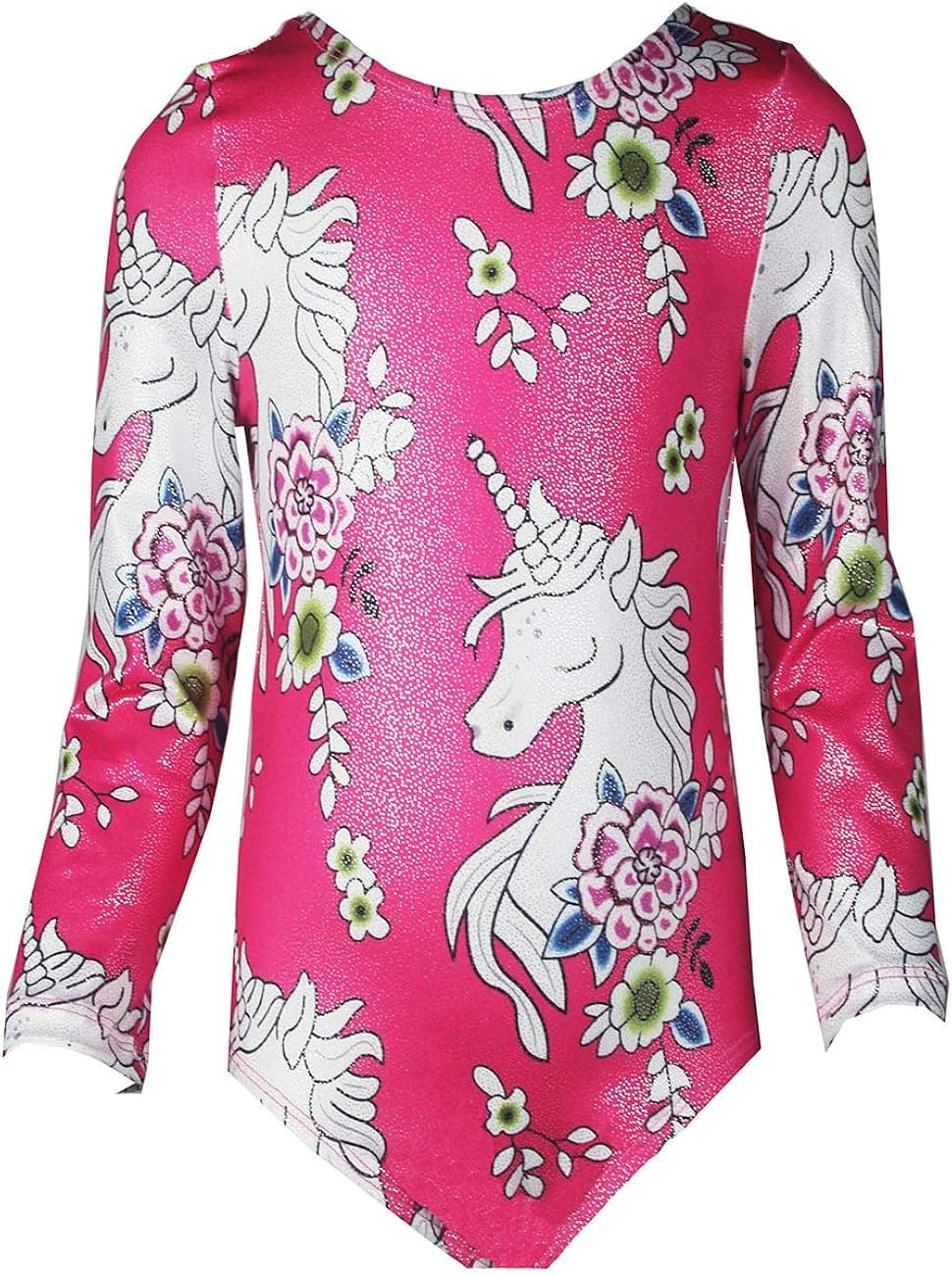 TENVDA Unicorn Floral Leotards for Girls Gymnastics One-Piece Beautiful Girls' Athletic Base Layers 3/4 Long Sleeve Unitards Biketards 8t 9t XL Hot Pink