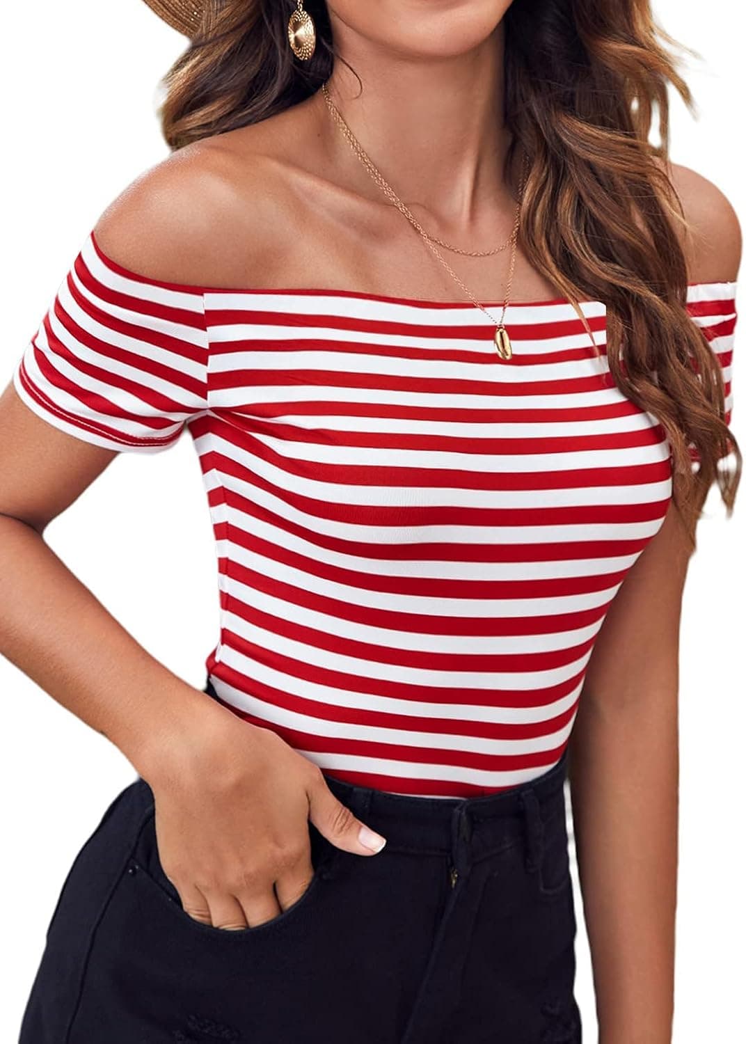 LilyCoco Women's Short Sleeve Vogue Fitted Off Shoulder Shirt Modal Top T-Shirt