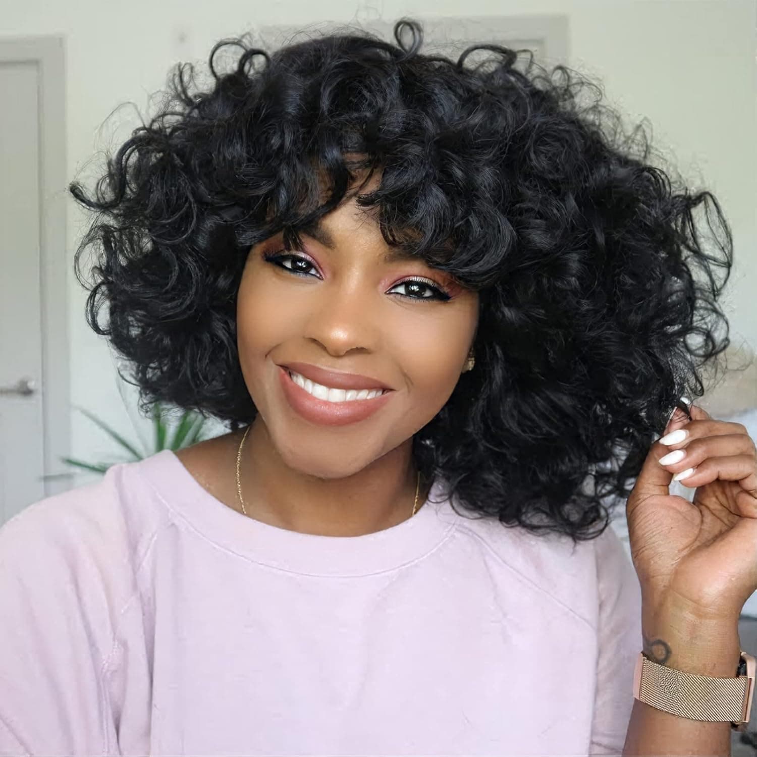 LuLu haireate Short Curly Wigs for Black Women Afro Kinky Curly Wigs with Bangs Natural Looking Synthetic Wigs Heat Resistant for Daily Party