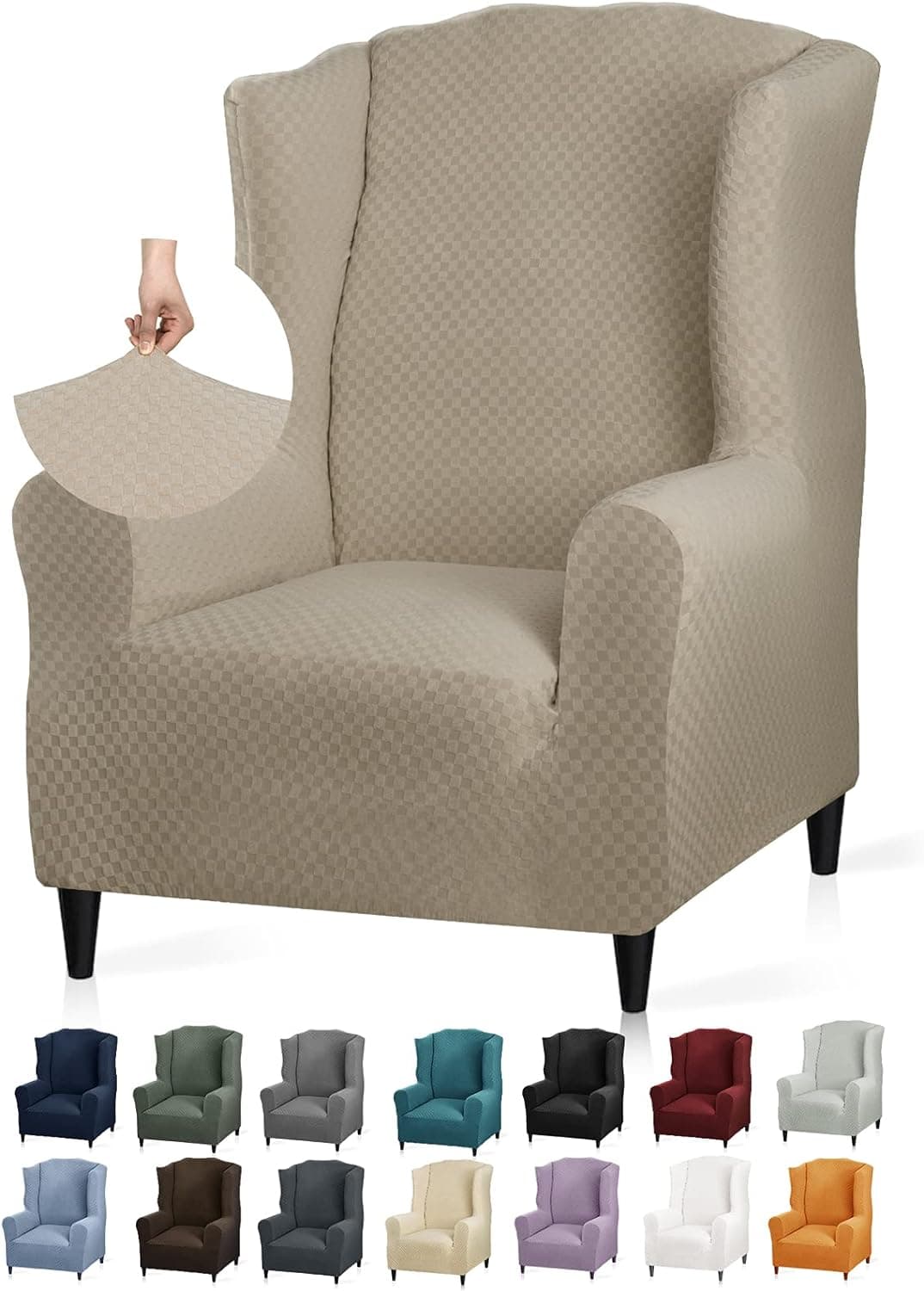 YEMYHOM 1 Piece Stretch Wingback Chair Slipcover Latest Jacquard Design Wing Chair Cover Non Slip Furniture Protector with Foam Rods for Living Room (Wing Chair, Khaki)
