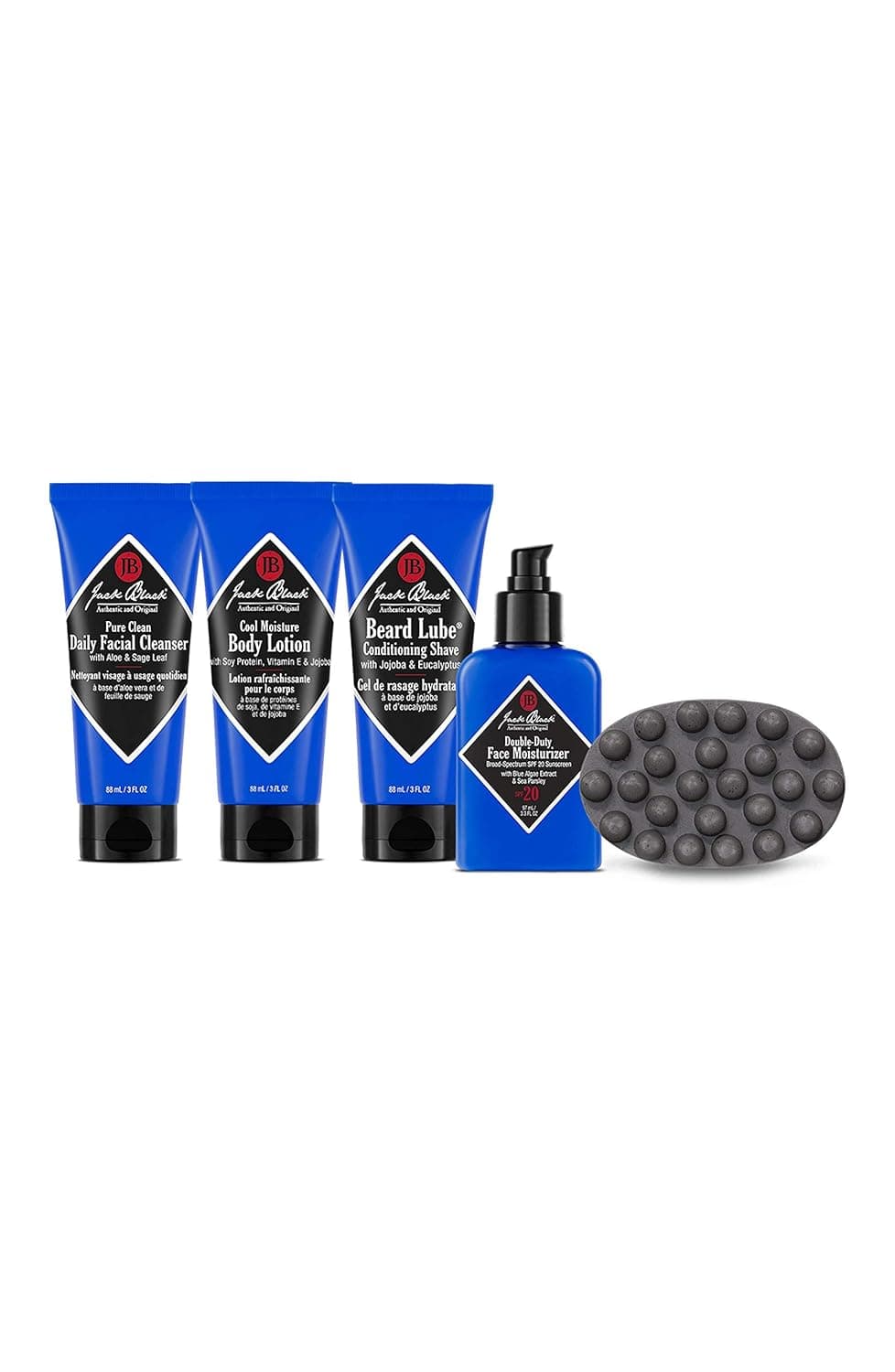 Jack Black - The King of Jacks - Pure Clean Daily Facial Cleanser, Double Duty Face Moisturizer SPF 20, Cool Moisture Body Lotion, Beard Lube Conditioning Shave and Charcoal Body Bar, 5 Piece Set