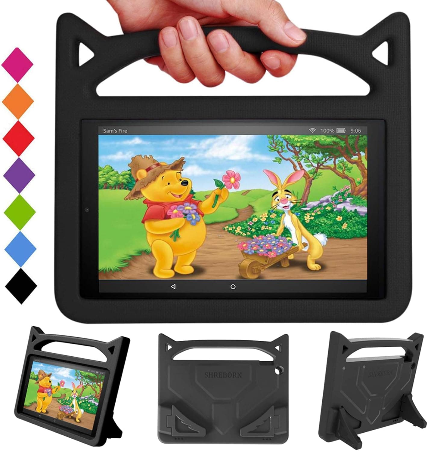 New HD 10 Tablet Kids Case - SHERBORN Lightweight Shockproof with Stand Kid-Proof Cover Cat Ear Handle Kids Case for All New HD 10 Tablet(9th/7th/5th Generation, 2019/2017/2015 Release) (Black)