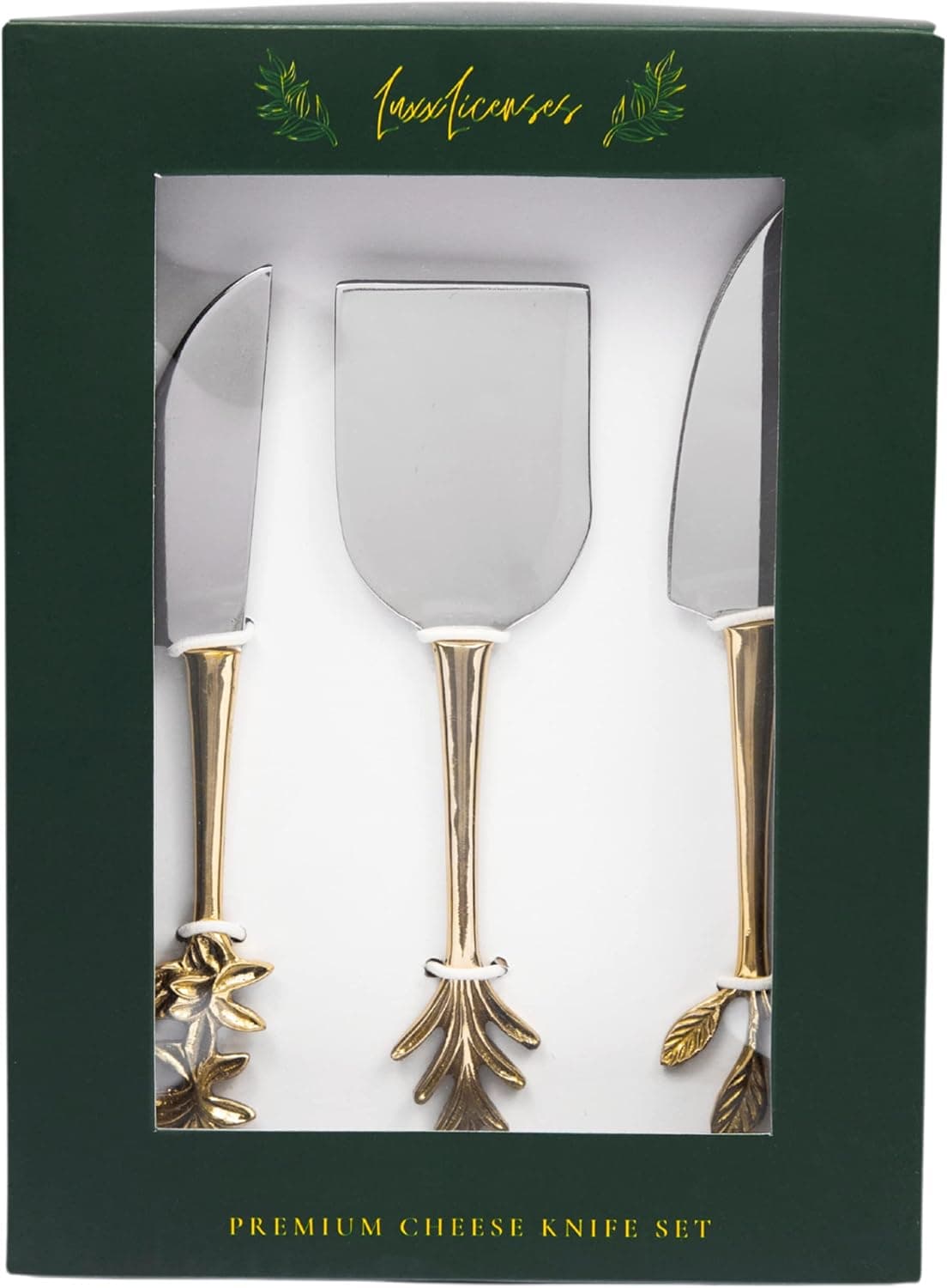 Premium Handcrafted Cheese Knife Set - Gold Herbiflora Knives with Cutter Slicer and Spreaders in Gift Box - Dishwasher Safe Stainless Steel and Brass Utensil Tools Accessories for Charcuterie Board