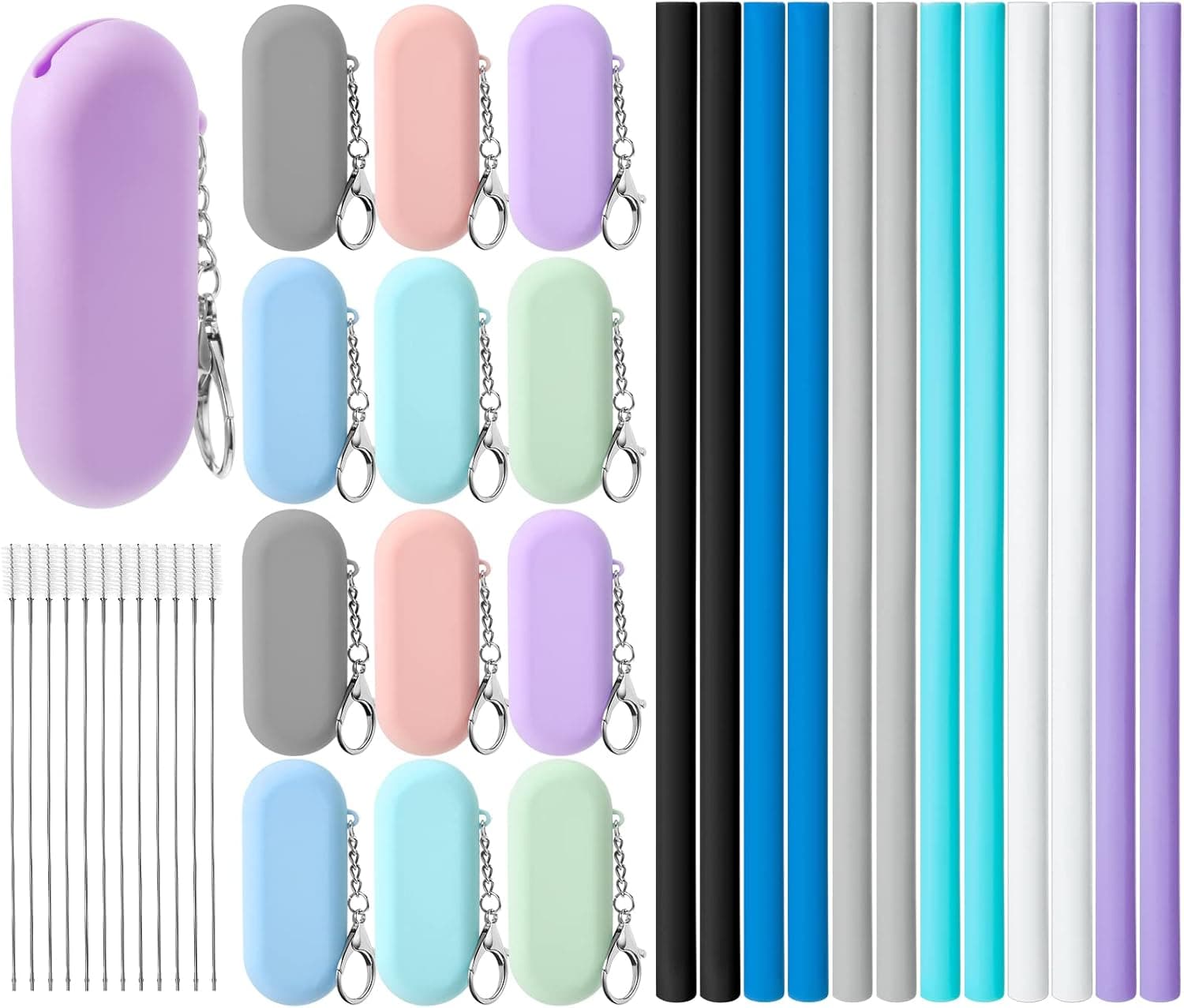 Perthlin 12 Set Silicone Straws Reusable Straws with Case, Portable Foldable Travel Straws Collapsible Silicone Drinking Straws with Carry Case and Cleaning Brushes for Home Party Travel Picnic