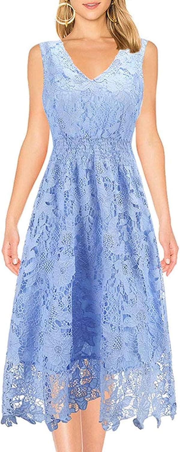 KIMILILY Women's Elegant Cocktail Bridesmaid Lace Dress Wedding Guest Dress V Neck Sleeveless