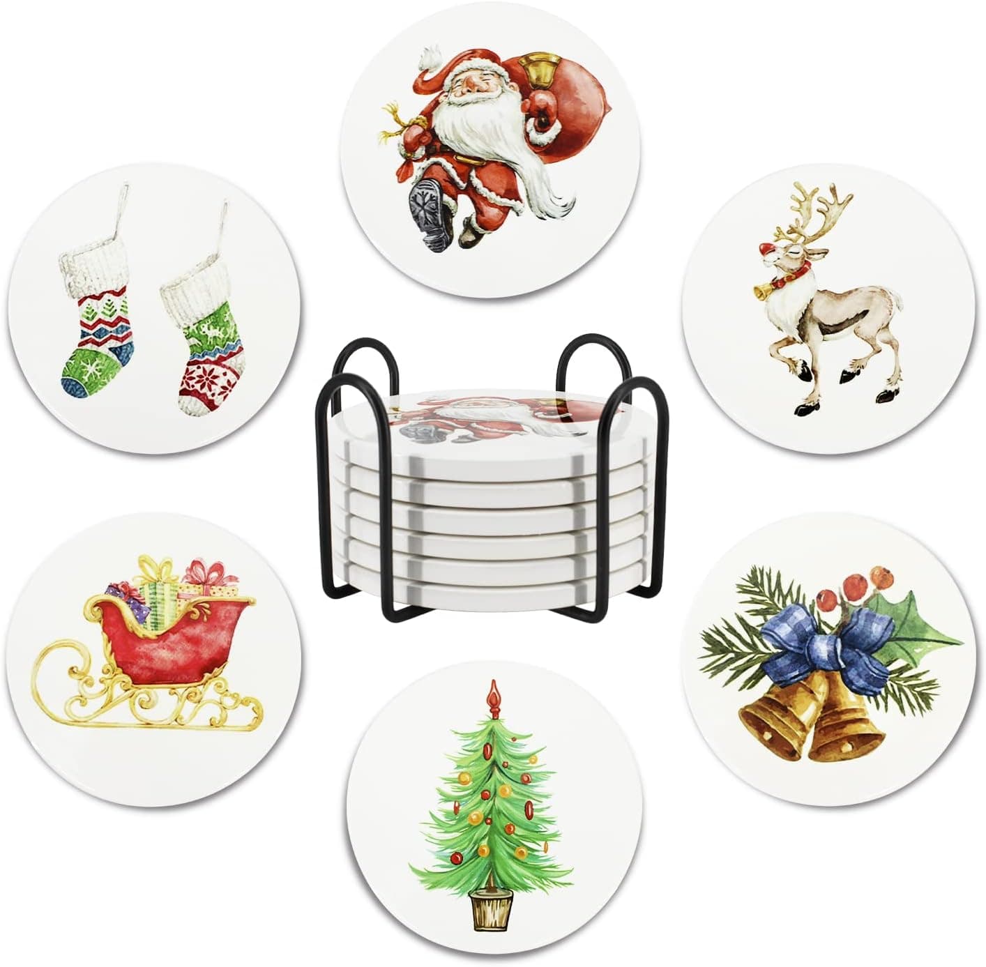 Drink Coasters, Sets of 6 Christmas Theme Ceramic Coaster with Cork Base for Tabletop Protection,Suitable for Kinds of Cups, Wooden Table, 4 Inches